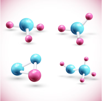 A set of colorful atom chains isolated with shadows and pink corners, forming a three-dimensional structure.