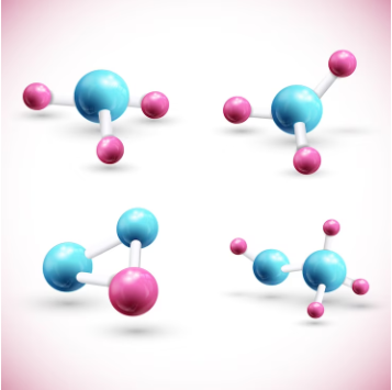 A set of colorful atom chains isolated with shadows and pink corners, forming a three-dimensional structure - organic chemistry MCAT